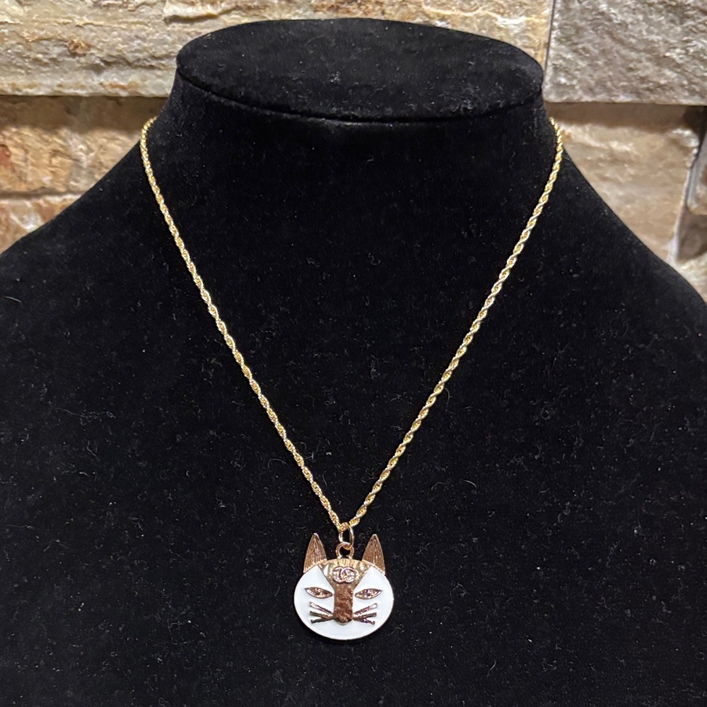 Gold & White CC Cat Pendant Necklace